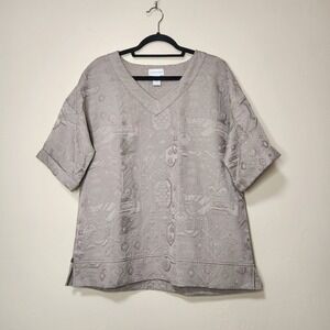 SOFT SURROUNDINGS Brocade Top Boxy V-Neck Tan Women's Size Medium